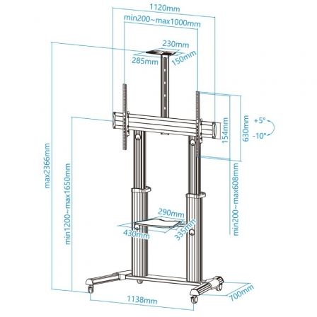 Tooq FS20300M-B Soporte de Suelo con Ruedas Inclinable Ajustable para TV 60-100" hasta 100kg con Bandejas DVD y Webcam